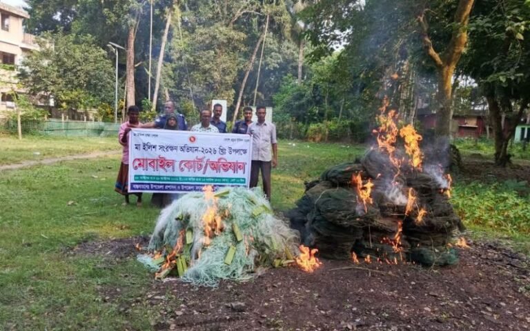 দৌলতপুরে যমুনা নদীতে অভিযান: ৯ হাজার মিটার কারেন্ট ও ৪০টি চায়না দুয়ারি জাল জব্দ, আগুনে পুড়িয়ে ধ্বংস